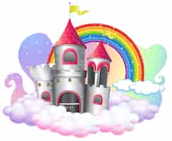 Vector gratuito castillo con arco iris en la nube aislado sobre fondo blanco.