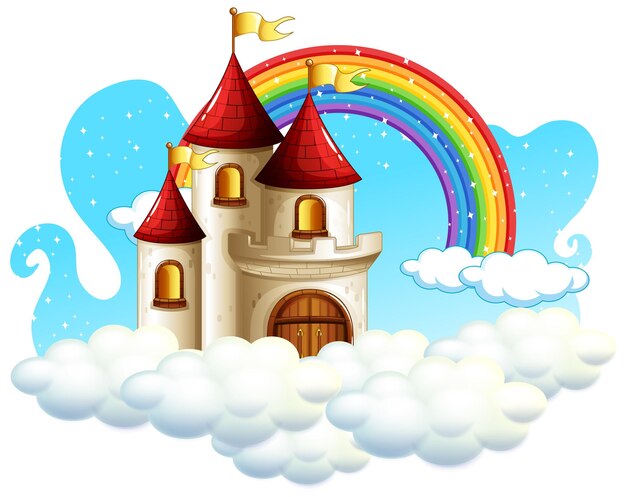 Castillo con arco iris en la nube aislado sobre fondo blanco.