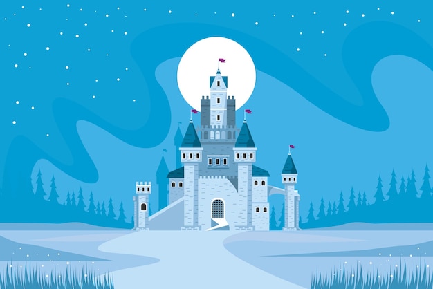 castillo azul en la escena del paisaje nevado