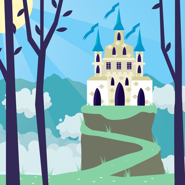 Castillo de cuento de hadas de diseño plano