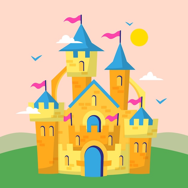 Vector gratuito castillo de cuento de hadas de diseño plano