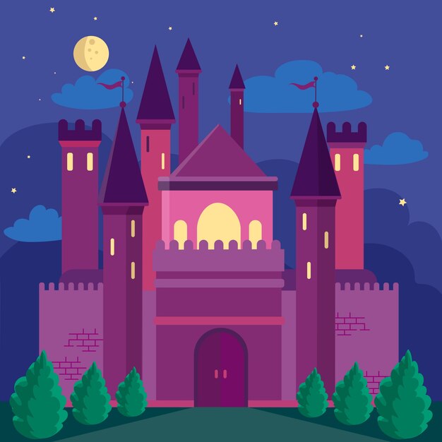 Castillo de cuento de hadas de diseño plano