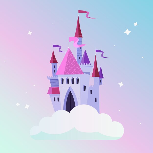 Castillo de cuento de hadas femenino en la nube