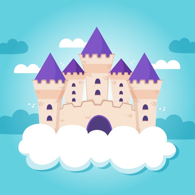 Castillo de cuento de hadas en la ilustración de las nubes