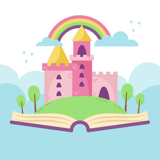 Castillo de cuento de hadas en libro con ilustración de arco iris