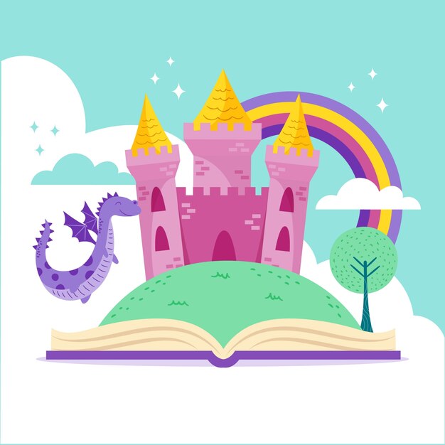 Castillo de cuento de hadas en libro con ilustración de dragón