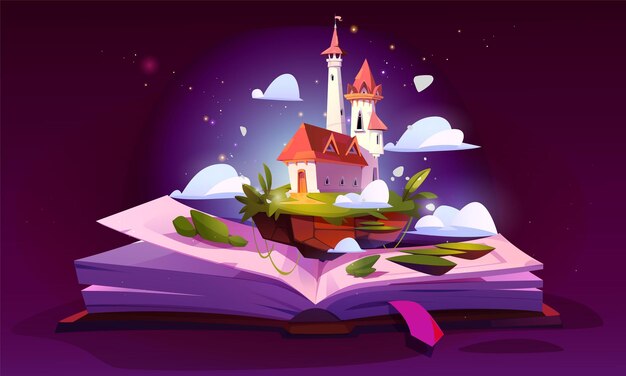 El castillo de cuento de hadas en las páginas abiertas del libro
