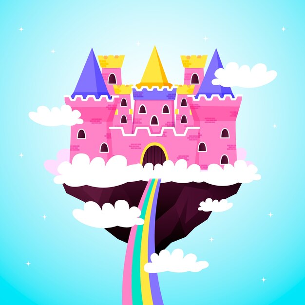 Castillo de cuento de hadas rosa en las nubes