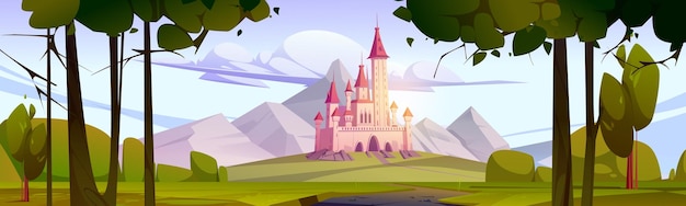 Vector gratuito castillo de cuento de hadas rosa en el valle de la montaña