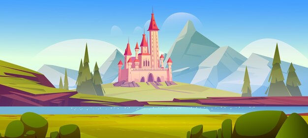 Castillo de cuento de hadas en el valle de la montaña con río