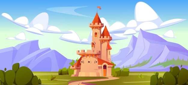 Castillo de cuentos de hadas medievales mágicos fondo de paisaje vectorial de montaña camino al palacio de la princesa de fantasía con bandera edificio de mansión del reino alto en el horizonte en un hermoso valle diseño de dibujo de naturaleza