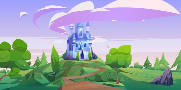 Castillo de dibujos animados, palacio mágico de cuento de hadas con torretas.