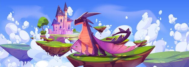 Castillo de fantasía y dragón mágico flotando en islas en el cielo Ilustración de dibujos animados vectoriales de animales reptiles fantásticos que protegen la tierra de los sueños con una fortaleza de cuento de hadas en pedazos de tierra volando en las nubes