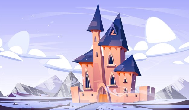 Castillo de fantasía de invierno en el reino con fondo de dibujos animados de nieve Palacio de cuento de hadas mágico congelado para la ilustración de la princesa Camino a la fortaleza a través de un hermoso entorno de montaña nevada y terreno rocoso