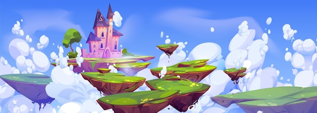 Castillo de fantasía en una isla flotante en el cielo paisaje de dibujos animados cuento de hadas mágico torre de reino volador en la imaginación escena de sueño del cielo verano verde y paisaje rocoso con plataforma de roca ui vector de juego