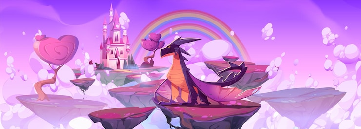 Vector gratuito castillo de fantasía en una isla flotante y un dragón mágico ilustración del juego de cuento de hadas casa de princesa medieval rosa en el reino del cielo con nubes y plataforma de roca voladora alas míticas monstruo aterrizando en piedra