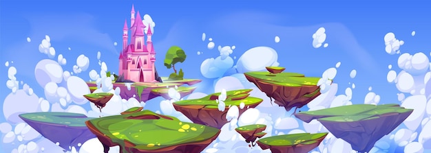 Vector gratuito castillo de fantasía en una isla flotante en el paisaje de dibujos animados del cielo torre mágica del reino volador de cuento de hadas en la escena del sueño del cielo de la imaginación paisaje verde y rocoso de verano con vector de juego de interfaz de usuario de plataforma de roca