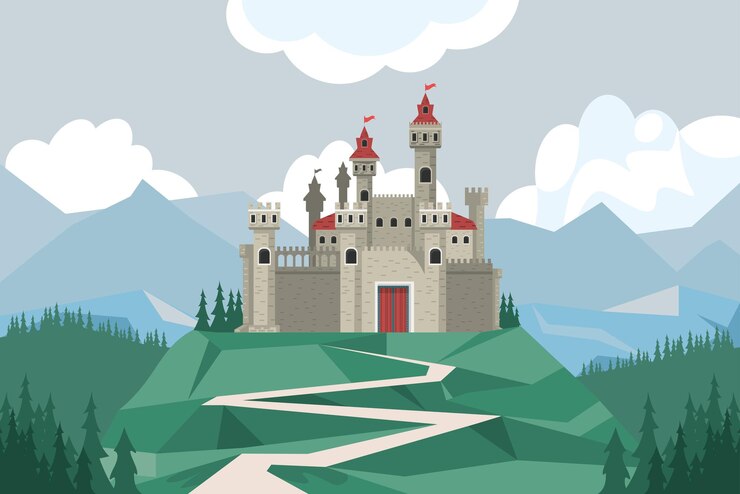 Vector gratuito castillo gris en la escena del paisaje