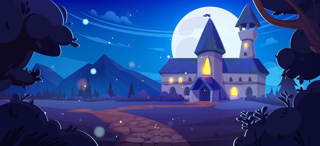 Castillo de hadas con luz en las ventanas por la noche