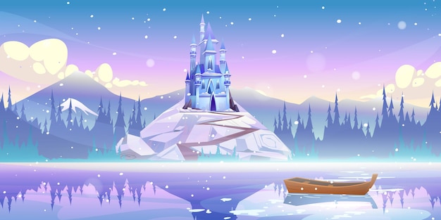Castillo mágico en la cima de la montaña en el muelle del río con barco flotando sobre el agua en el día de invierno con nieve que cae
