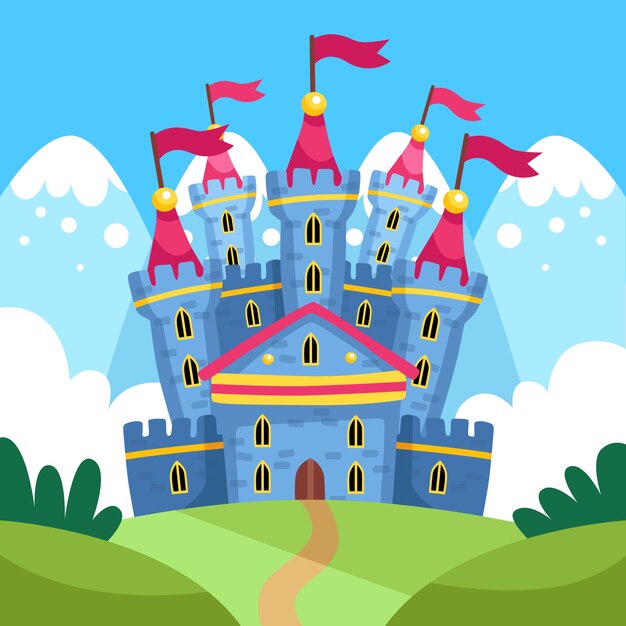 Castillo mágico de cuento de hadas con banderas
