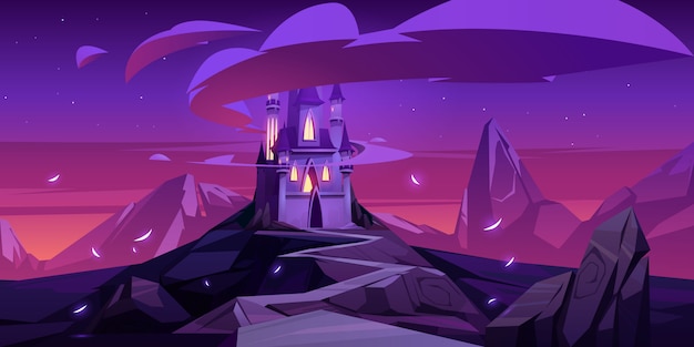 castillo mágico de dibujos animados en las montañas por la noche