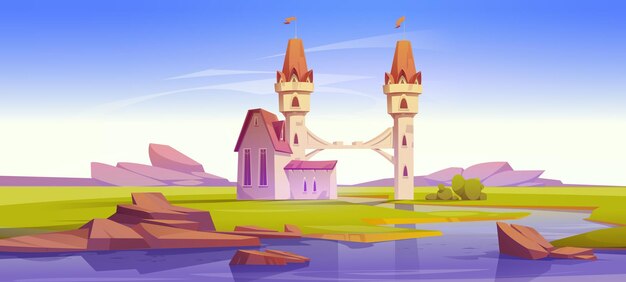 Vector gratuito castillo medieval de fantasía con puente sobre el río