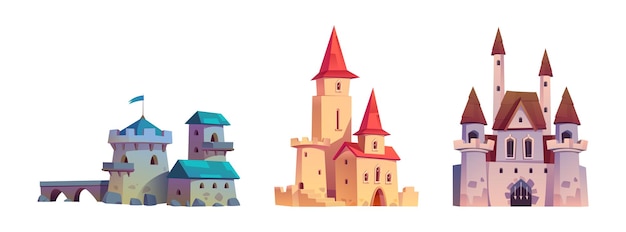 Vector gratuito castillo medieval icono vector reino de dibujos animados conjunto antiguo fuerte de cuentos de hadas y arquitectura de edificios de fantasía exterior diseño de colección de ciudadela aislada con bandera ilustración de dibujo de torre de princesa