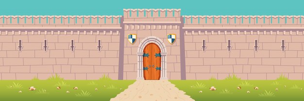 Castillo medieval, ilustración de dibujos animados de pared de fortaleza de la ciudad