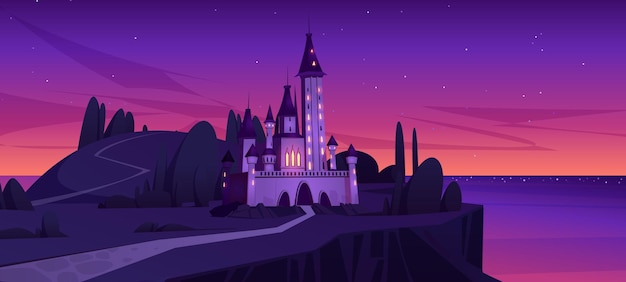 Castillo medieval en la isla en el mar después del atardecer Dibujo de dibujos animados vectoriales del paisaje mediterráneo de verano con palacio real con torres en la orilla del mar al atardecer