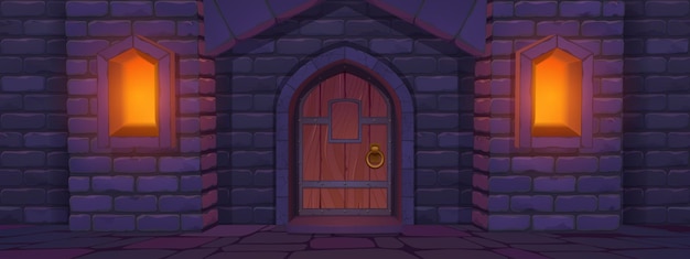 Castillo medieval con muro de piedra, puerta de madera y ventanas brillantes por la noche. Ilustración de dibujos animados de vector de la antigua fortaleza o exterior del templo con puerta cerrada con perilla