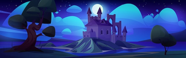 Vector gratuito castillo medieval nocturno en el lago