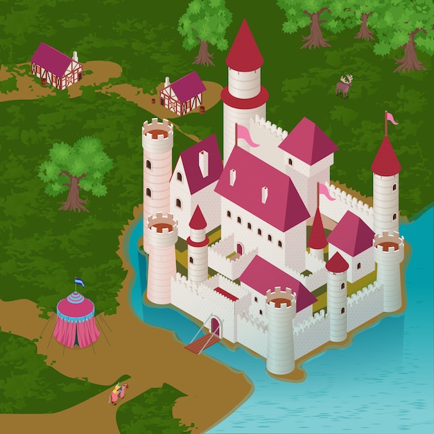Castillo medieval en la orilla del río con carpa real caballero a caballo casas de ciudadanos isométrica