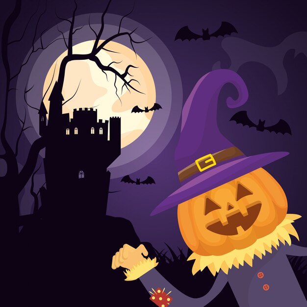 Castillo oscuro de Halloween con personaje de calabaza