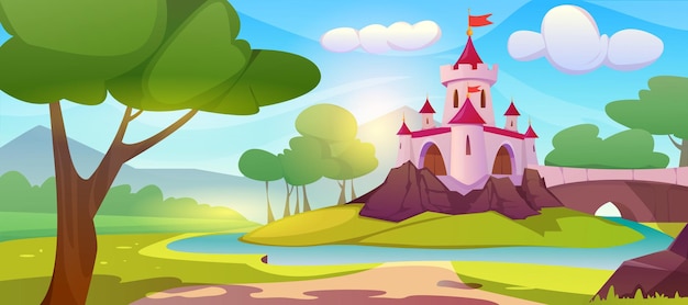 Castillo de princesa mágica rosa de dibujos animados en la colina
