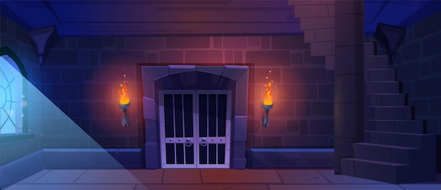 Vector gratuito castillo prisión medieval con muro de piedra sala de mazmorra de juego con puerta y ventana interior oscuro vacío noche antigua cárcel interior en palacio con puerta en torre de fortaleza escena de construcción del reino de roca 2d