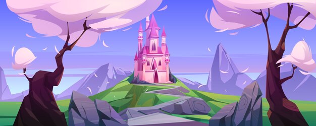 castillo rosa mágico de dibujos animados en las montañas
