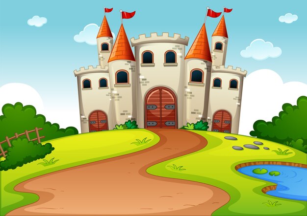 Castillo torre escena de dibujos animados de tierra de cuento de hadas