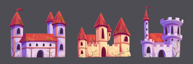 Castillos medievales aislados en el fondo Vector ilustración de dibujos animados de antiguos palacios reales con techos rojos y banderas encima de torres de piedra ventanas de arco y puertas de entrada fortaleza de cuento de hadas