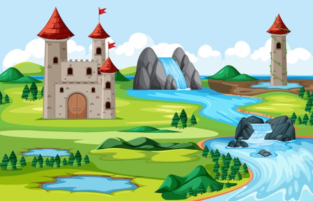 Castillos y parque natural con escena de paisaje junto al río