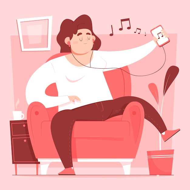 Casual mujer descansando en el sofá y escuchando música