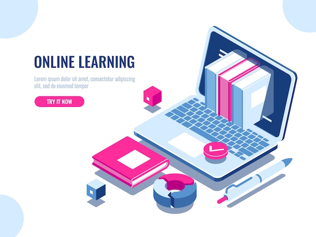 Catálogo de cursos en línea icono isométrico, educación en línea, aprendizaje de internet