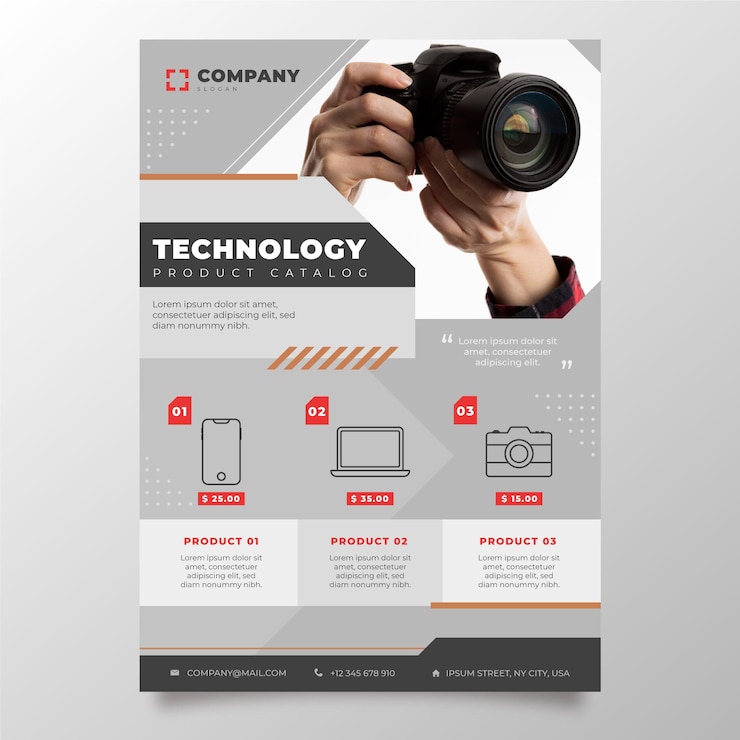 Vector gratuito catálogo de productos de tecnología plana con foto.