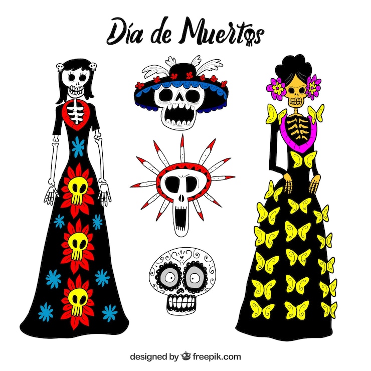 Vector gratuito catrina y calaveras mexicanas dibujadas a mano 