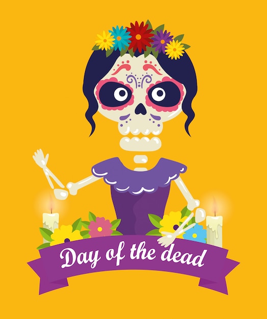 Catrina con decoración de calavera y flores para el día de los muertos