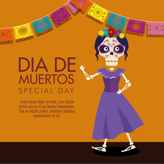 Catrina con flores peinado y vestido para celebrar el día de los muertos