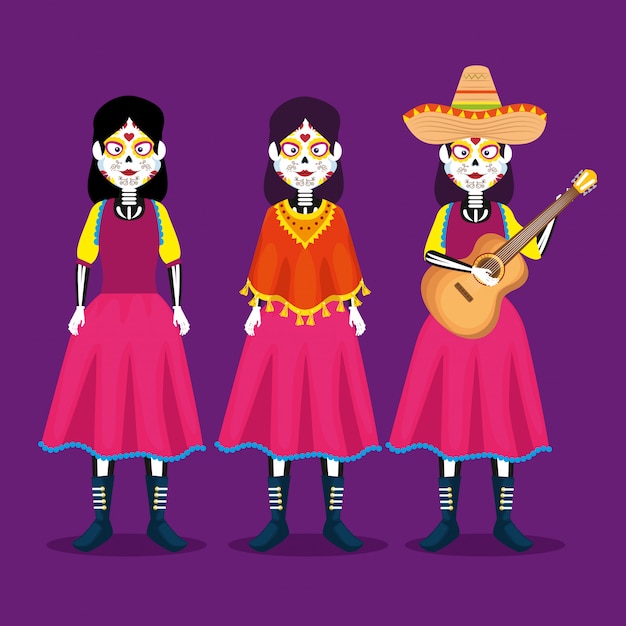 Catrina con sombrero y guitarra para celebrar el día de los muertos.