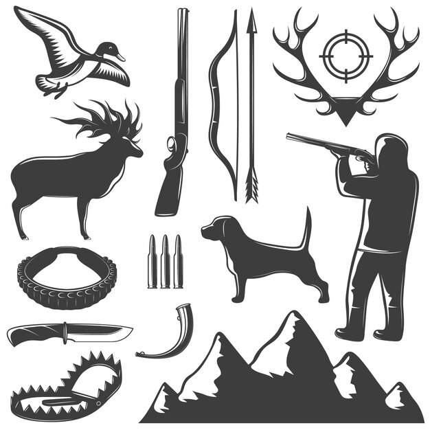 Caza icono aislado negro establece métodos para atrapar animales y cazarlos ilustración vectorial
