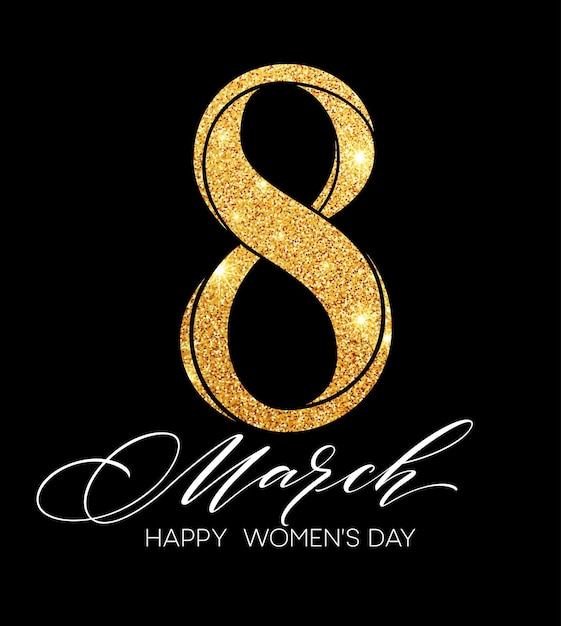 Celebración del 8 de marzo con ocho símbolos hechos de brillos dorados. Diseño conceptual del Día de la Mujer. ilustración vectorial
