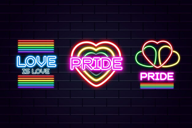 Celebración del día del orgullo con letreros de neón